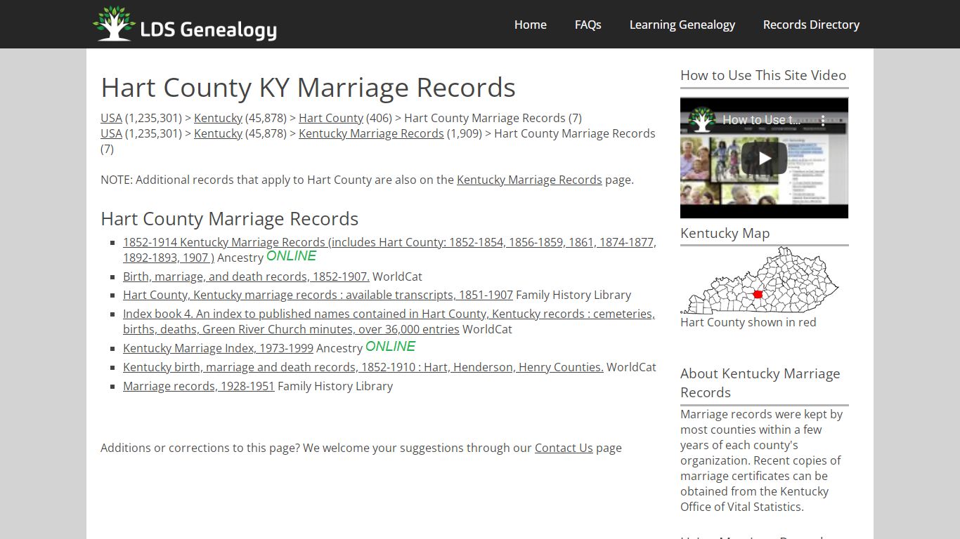 Hart County KY Marriage Records - LDS Genealogy